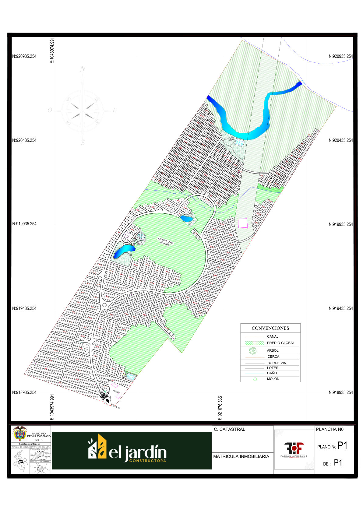 Plano maestro de Ciudadela El Jardín: manzanas, lotes, lagos y vías internas